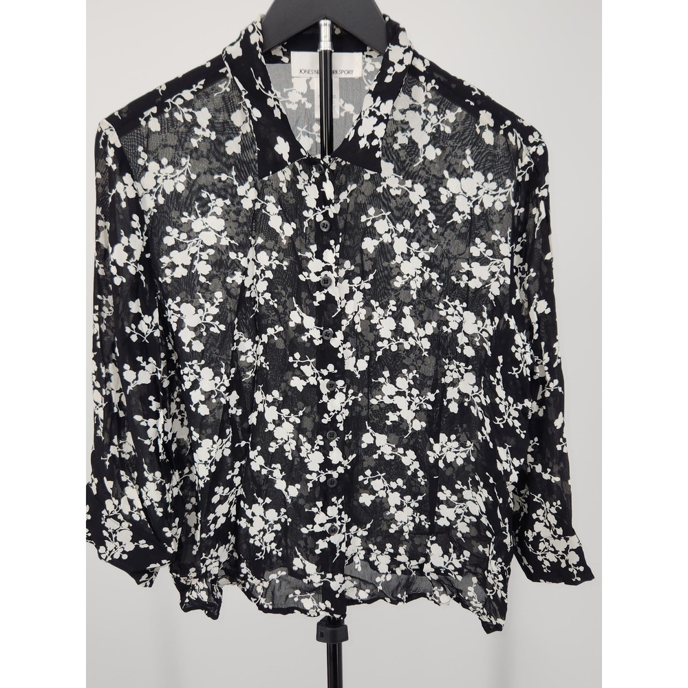 Jones New York Sport Womens 16 Black White Floral Rayon Button Down Blouse Top